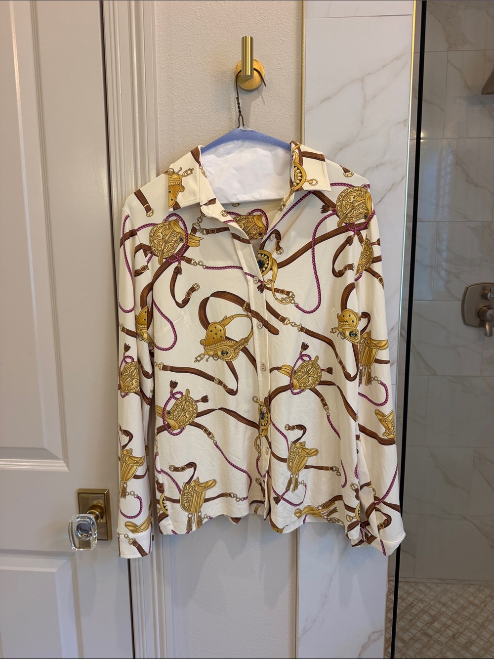 Cream Printed Long-Sleeve Button-Down Shirt with Gold & Brown Motif